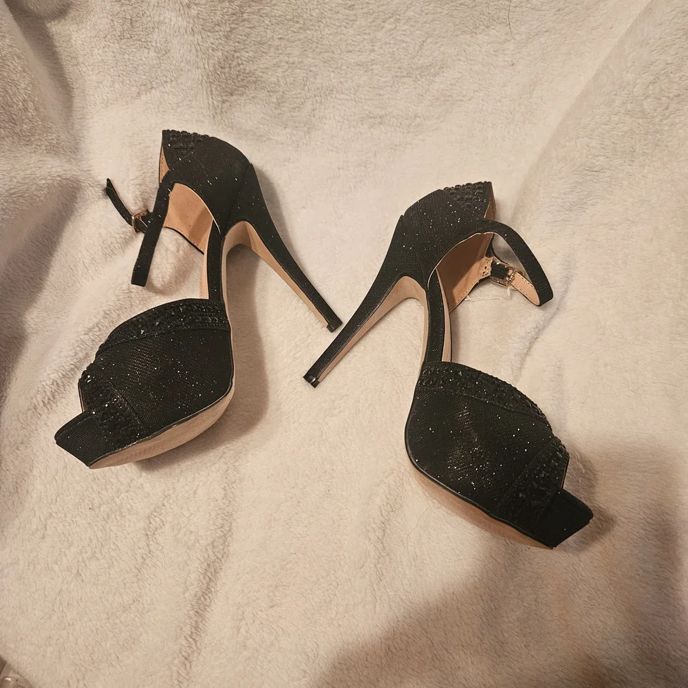 De Blossom Collection Sparkling Black Ankle Strap Heels